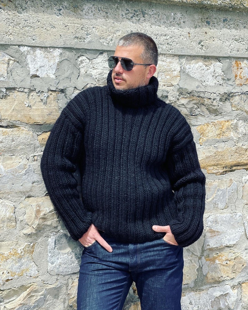 Hand Knit Wool Jumper, Mens Wool Sweater, Turtleneck sweater, Chunky Men Jumper, Wool Turtleneck Pullover, Winter Sweaters image 5