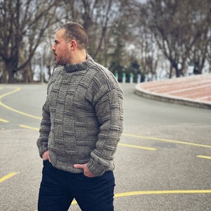 Handmade Wool Men Pullover, Grey Sweater, Chunky Knit style, Big Knit Pullover for men, Loose Fit Jumpers