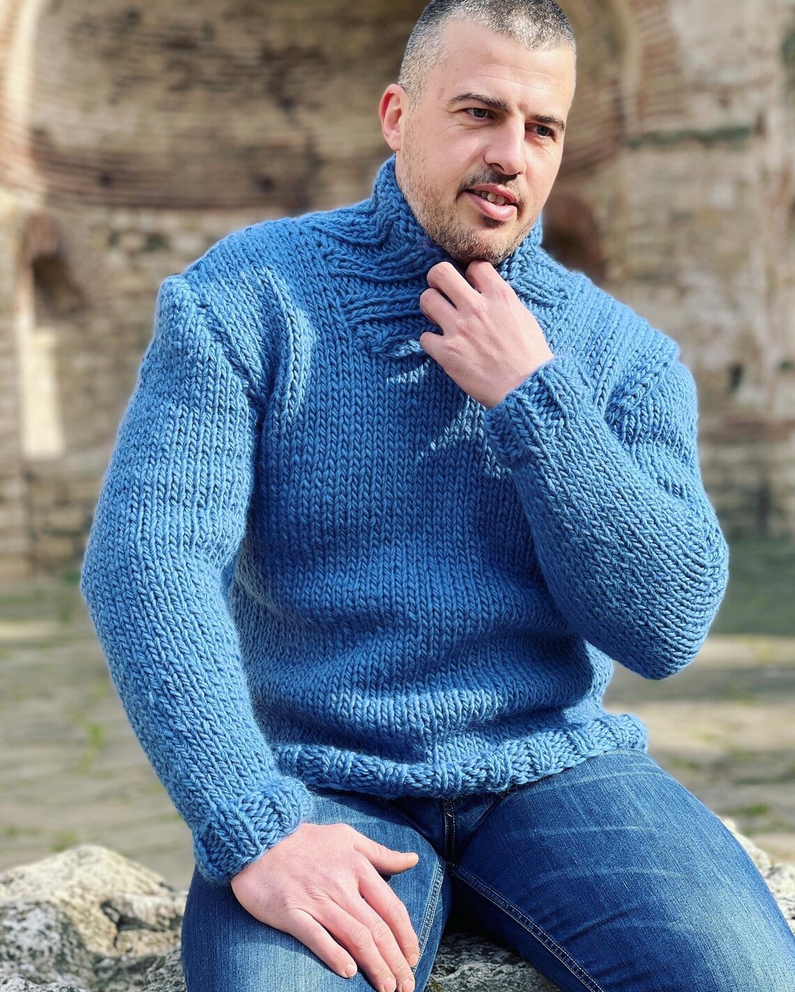 Knit Wool Jumper Wool Collar Shawl Collar Hand Knit Etsy