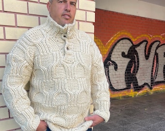 Jersey de lana de invierno tejido a mano con cuello abotonado para hombre, jersey de lana pura muy cálido para hombre, jersey de cuello alto con botones.