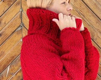 Roter Damen Pullover, Pullover aus reiner Wolle, Rollkragenpullover, warmes Wintergeschenk, Strickpullover
