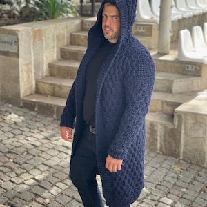 Hand Knit Thick Wool Cardigan with Hoodie for Men, Warm and Cosy Hoodied Sweater for Winter, Open Men’s 100% Wool Coat, Man Knitted Jacket