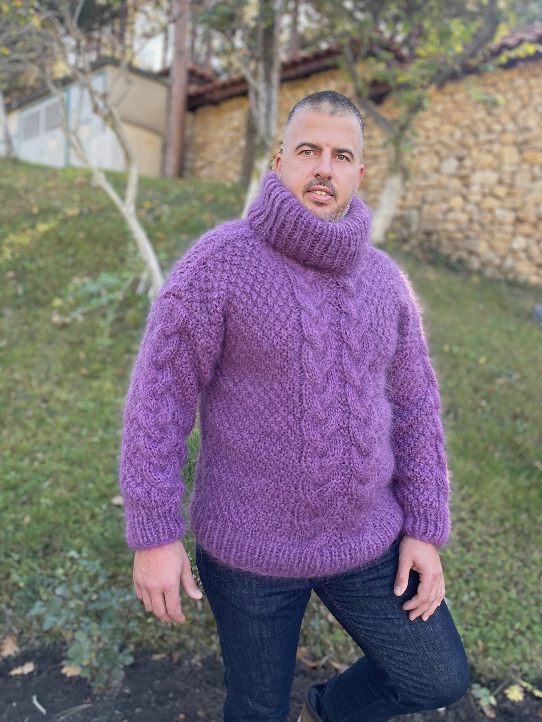 Fluffy Mohair Jumper, Fashion Men in Fuzzy Mohair, Thick Cable