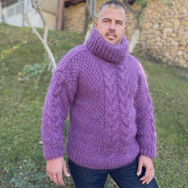 Flauschiger Mohair Pullover, Mode Männer in Fuzzy Mohair, dickes Kabel Mohair Pullover, Winter Pullover, Warmer und kuscheliger handgestrickter Pullover