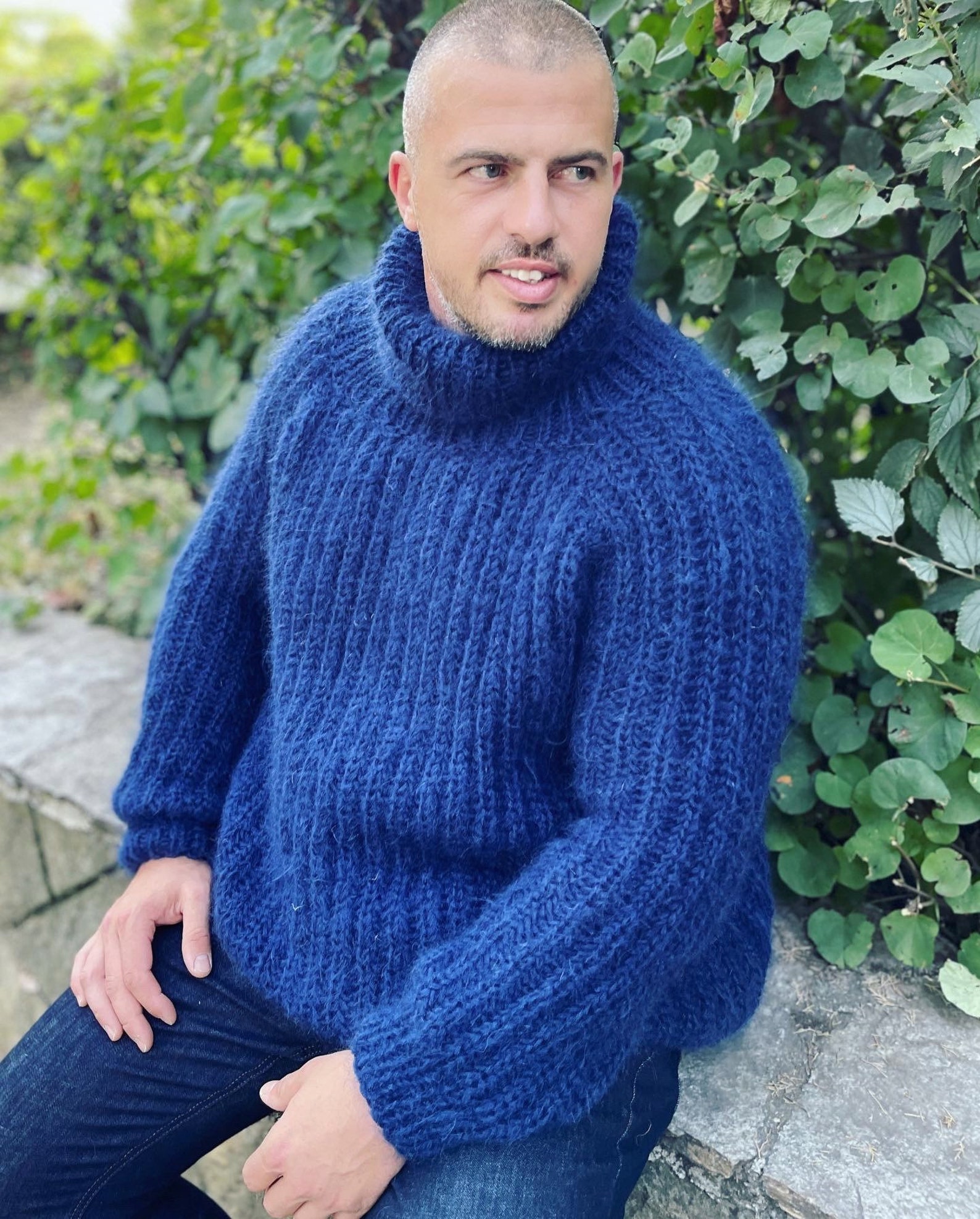 Hand Knitted Sweater Men Mohair Sweater English Rib Jumper - Etsy