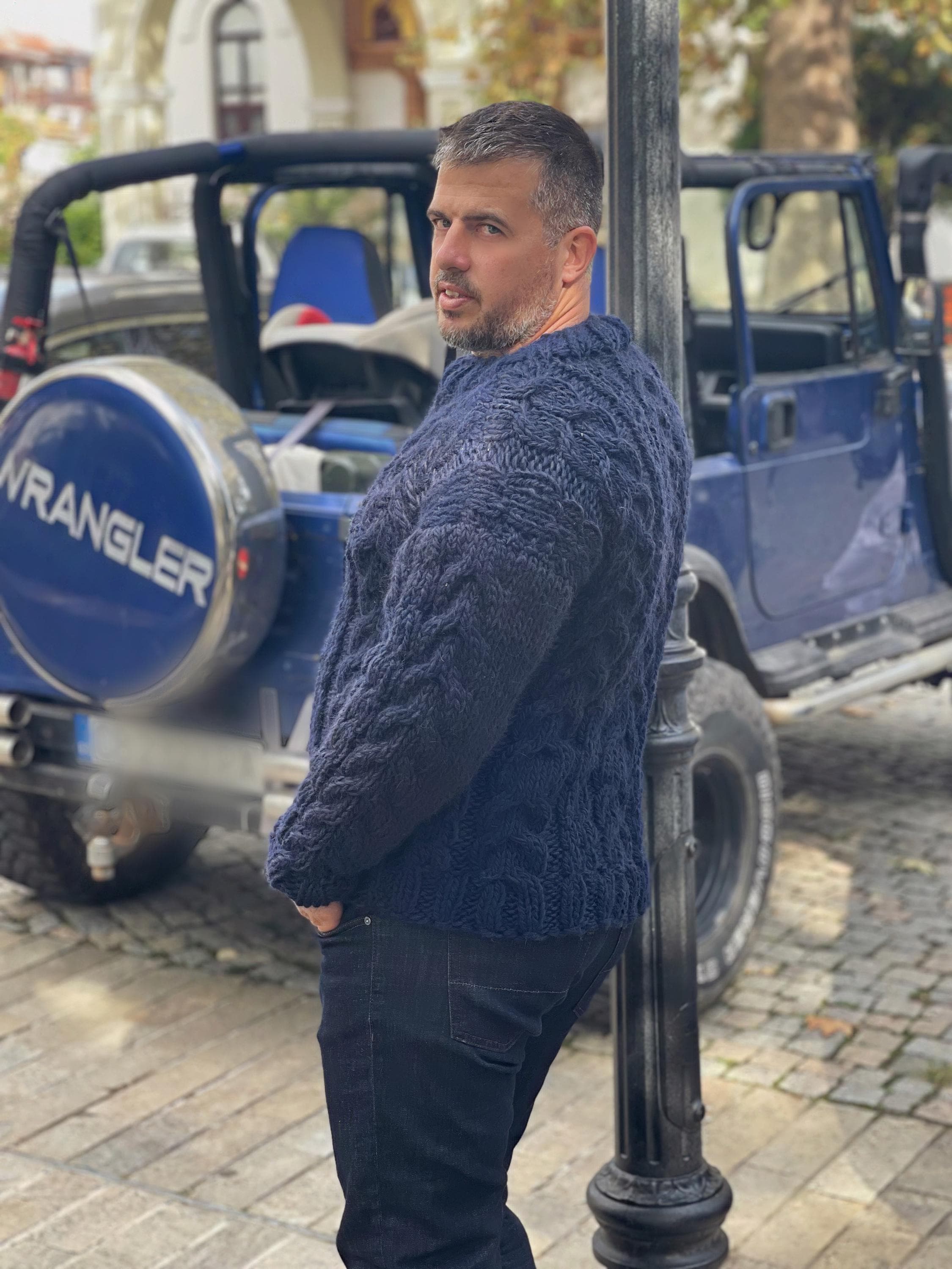 Ready to Ship 3XL Size Cable Knit Sweater, Dark Blue Crew Neck Men