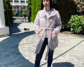 Cárdigan Mohair de punto, 3 hebras de Mohair difuso, Mohair de lujo, Cárdigan de lana, Cárdigan de lana, Suéter Mohair, Punto grueso, Suéter sexy