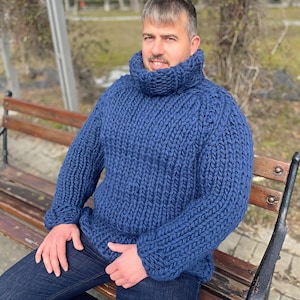 Hand Knit Super Thick 5 strands of Wool Sweater for Men, Giant Wool Knit Turtleneck Jumper, Heavy Winter Pullover for Men, Gift for Him