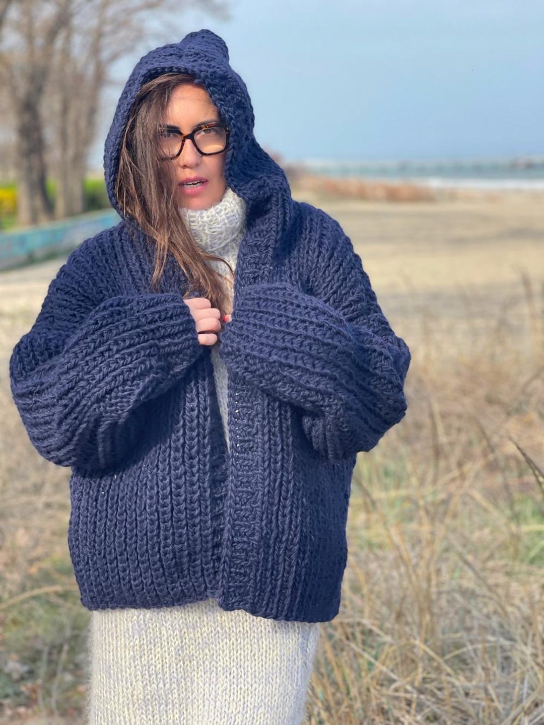 Handgestrickte Wolle Strickjacke für Frauen, vorne offener Hoodie