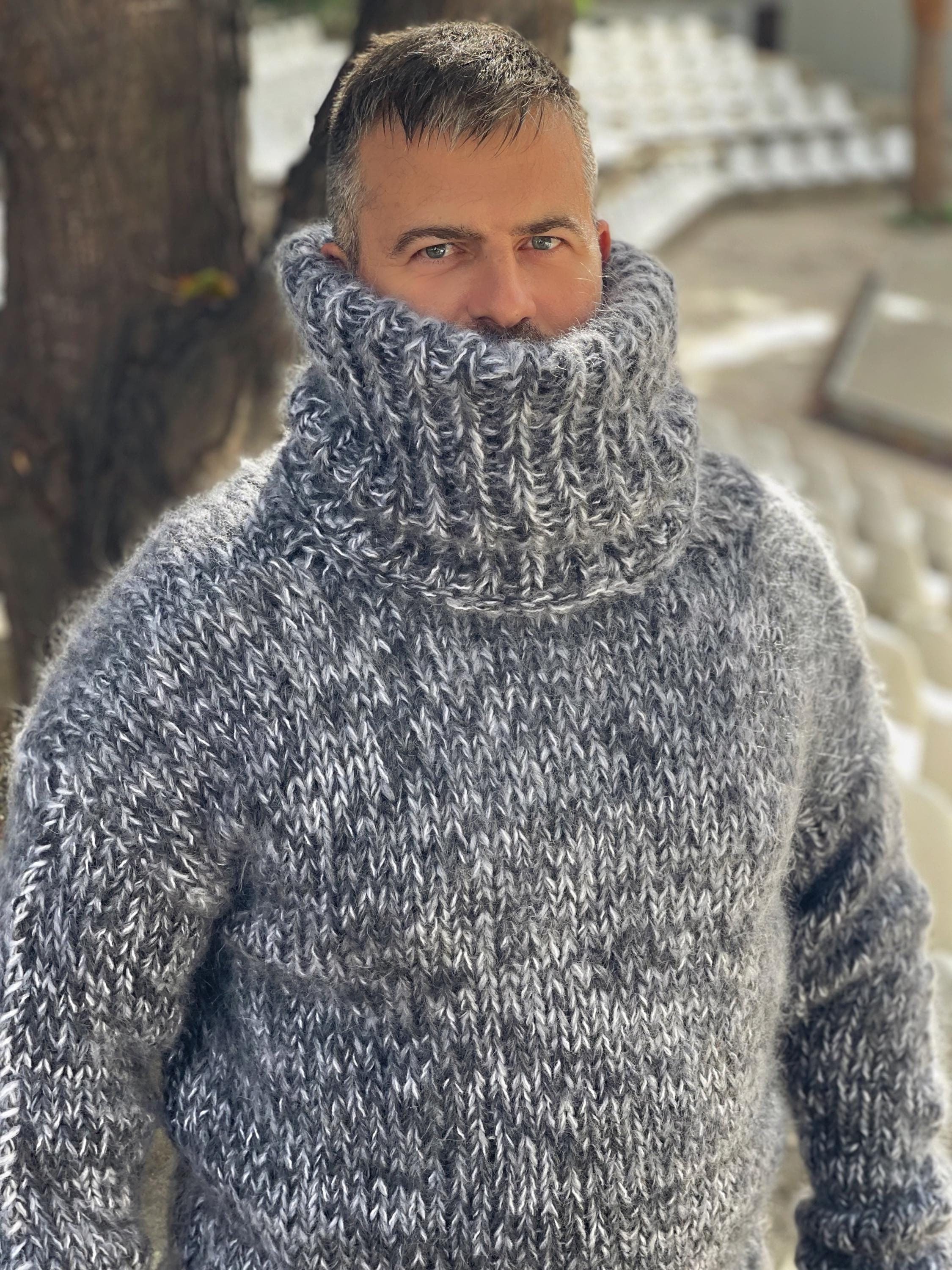 Hand Knit Thick Fuzzy Mohair Jumper With Long Turtleneck, Giant