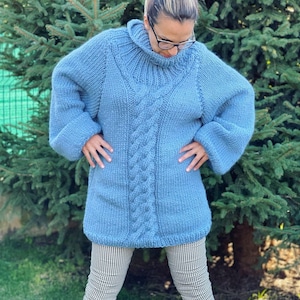 Chunky Wool Sweater, Turtleneck Sweater, Wool Jumper, Women Sweater, Chunky Pullover, Cable knit wool, Blue sweater, Winter Chunky Wool