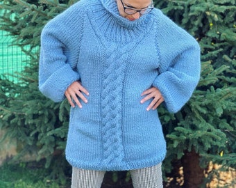 Chunky Wool Sweater, Turtleneck Sweater, Wool Jumper, Women Sweater, Chunky Pullover, Cable knit wool, Blue sweater, Winter Chunky Wool