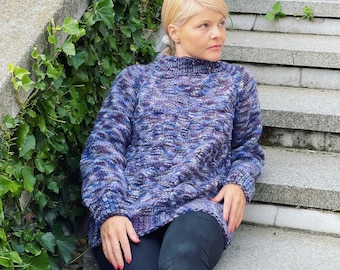 Melange Wool Sweater, Square design Jumper, Womens Autumn CLothing, Hand Knit Sheep Wool Sweater