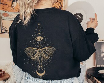 Celestial Moth Sweatshirt Dark Academia Cottagecore Back Print Lunar Moth Academia Clothing Witchy Hoodie Boho Luna Moth Sweatshirt