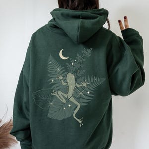 Baby Frog Hoodie Back Print Aesthetic Hoodie Cottagecore Hoodie Moon Goblincore Hoodie Mystical Toad Brown Hoodie Witch Hoodie