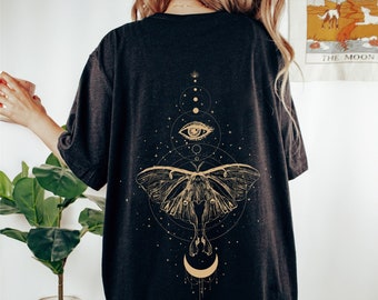 Falena sole e luna mistica camicia indietro stampa astrologia luna camicia crescita mentalità camicia celeste regalo per la sua camicia fase lunare di cristallo