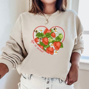 Life Is Sweet Strawberry Crewneck Bee Sweatshirt Cottagecore Sweater Nature Sweatshirt Strawberry Sweater Strawberry Clothes