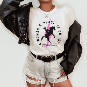 A Woman&#39;s Place Is On Top Space Cowgirl Nashville Shirt Western Disco Cowgirl YeeHaw Shirt Howdy Shirt Hippie Cowboy Tee Country Cowgirl