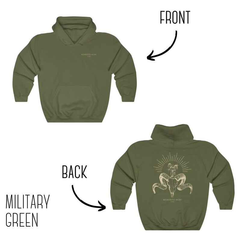 May include: A military green hoodie with a white graphic of a skull with horns and the text "Memento Mori" on the back. The front of the hoodie is plain.