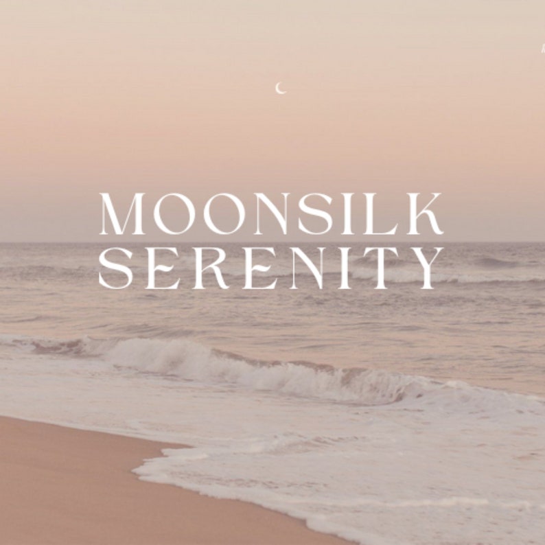 May include: A soft, pink and orange sunset over a calm ocean with a crescent moon in the sky. The text "Moonsilk Serenity" is written in white letters on the image.
