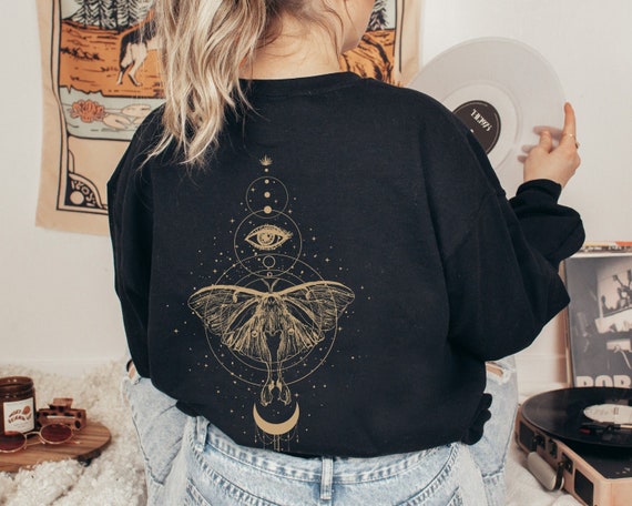 Celestial Moth Sweatshirt Dark Academia Cottagecore Back Print Lunar Moth Academia Clothing Witchy Hoodie Boho Luna Moth Sweatshirt