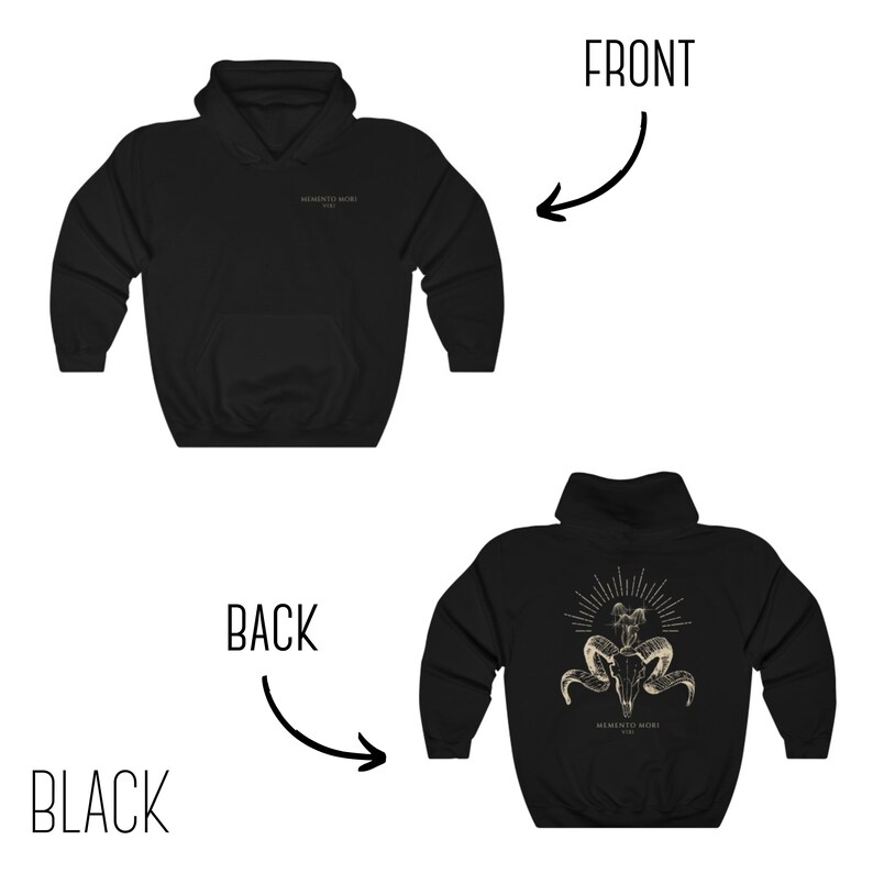 May include: Black hooded sweatshirt with a skull and crossbones graphic on the back. The graphic is in gold and features the text "Memento Mori" on the bottom. The front of the sweatshirt has the text "Memento Mori" in small print on the left chest.