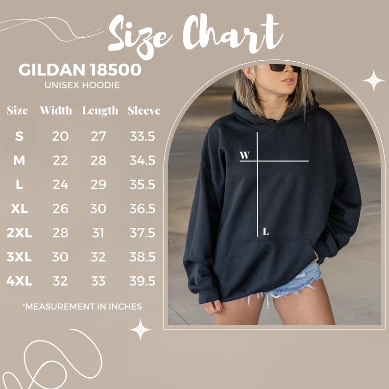 May include: Size chart for a Gildan 18500 unisex hoodie. The chart shows measurements in inches for width, length, and sleeve length for sizes S through 4XL.