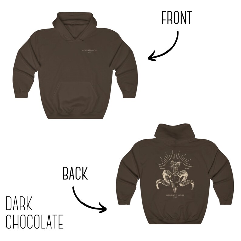 May include: A dark chocolate brown hoodie with a skull and horns design on the back. The design includes the text "Memento Mori 1993".