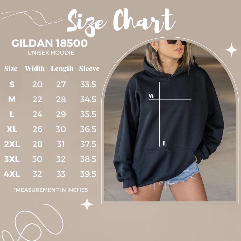 Pu&ograve; includere: Tabella delle taglie per una felpa con cappuccio unisex Gildan 18500. La tabella mostra la larghezza, la lunghezza e la lunghezza della manica in pollici per le taglie S a 4XL.