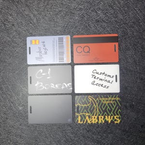 May include: Six rectangular plastic identification cards with slots. One is silver with a barcode and text, one orange with a black stripe and CQ text, one grey with C-1 BOREAS text, one white with Customs Terminal Access text, one plain grey, and one green with a yellow pattern and LABRYS text.