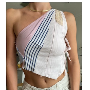 Upcycled blue and purple one-shoulder top main image 0