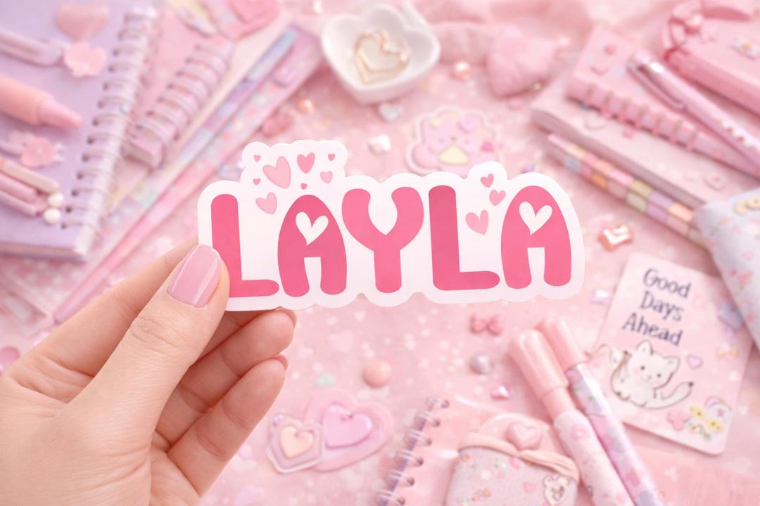 Set of 2 Personalized Name Stickers, Cute Pink Heart Vinyl Decals ...