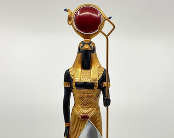 Unique Golden Black Statue of The Mighty Egyptian God Ra - The Falcon Headed God Ra With Sun Disk and The Staff of Power - Handmade in Egypt