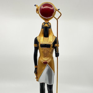 Unique Golden Black Statue of The Mighty Egyptian God Ra - The Falcon Headed God Ra With Sun Disk and The Staff of Power - Handmade in Egypt