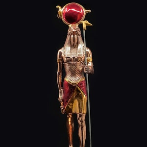 Unique Golden Red Statue of The Mighty Egyptian God Ra - The Falcon Headed God Ra With Sun Disk and The Staff of Power - Handmade in Egypt