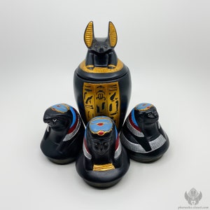 Unique Large Canopic Jar Set in Black and Gold Color - Egyptian Canopic Jars of God Horus - Carefully Handmade and Activated In Egypt
