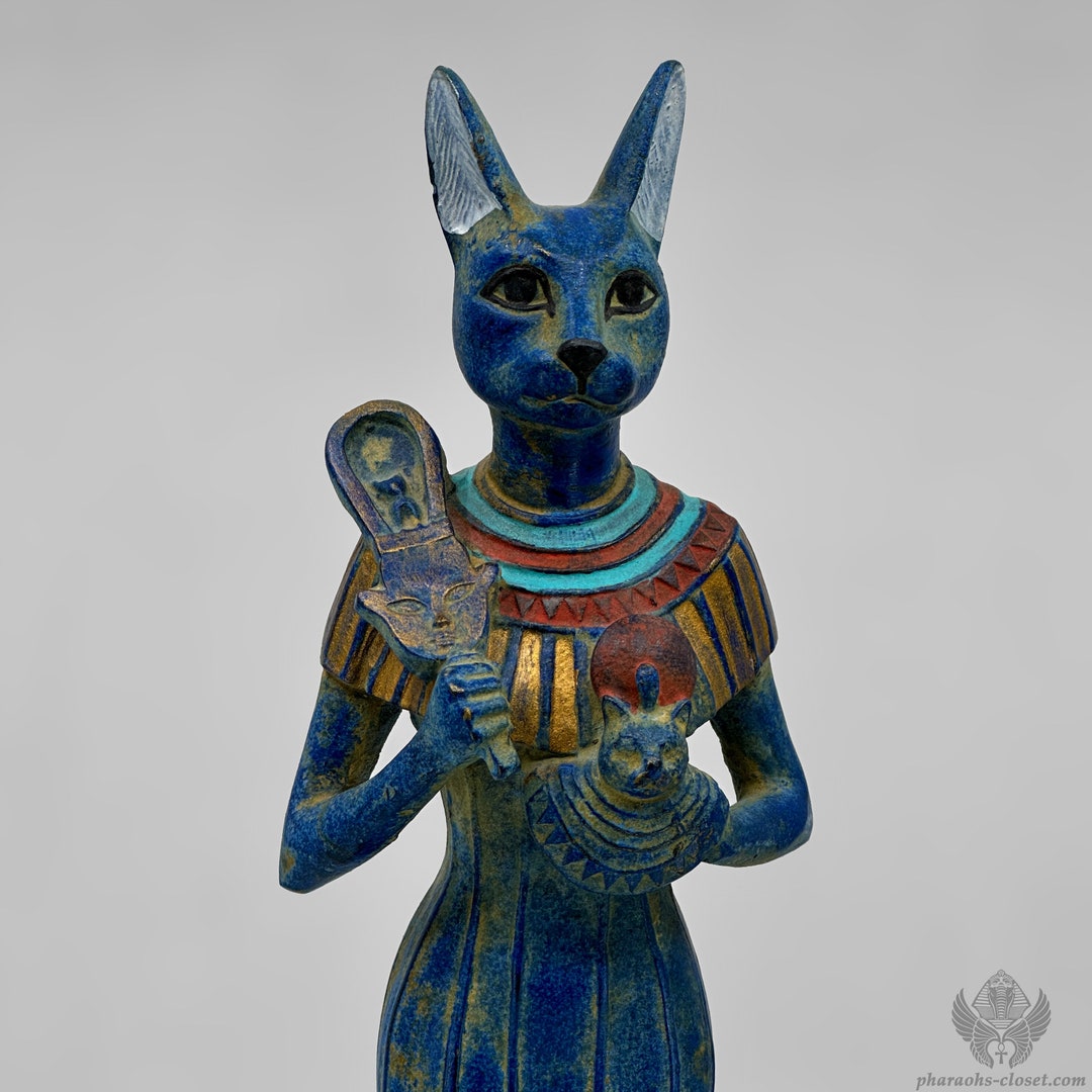 Rare Blue Bastet Statue Holding the Sacred Sistrum of Hathor Etsy