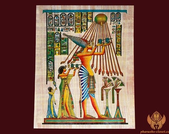 Akhenaten & The Aten Ritual Egyptian Papyrus Painting - Authentic Papyrus Art of Ancient Egypt - Nefertiti Wall Decor - Handmade in Egypt