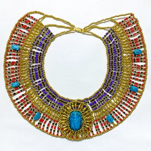 Unique Egyptian Beaded Collar Necklace With Sacred Scarabs In Various Colors Handmade In Egypt Blue