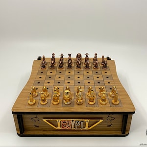 Unique Egyptian Wooden Chess With Copper Chess Pieces Depicting Pharaohs and Queens and Egyptian Gods - Handmade in Egypt