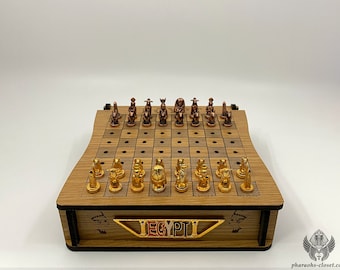Unique Egyptian Wooden Chess With Copper Chess Pieces Depicting Pharaohs and Queens and Egyptian Gods - Handmade in Egypt