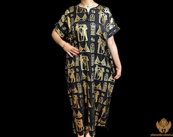 The Black Goddess Sacred Hieroglyphics Dress - Divine Egyptian Kaftan Dress For Egyptian Queens- Boho Dress - All Sizes - Made in Egypt