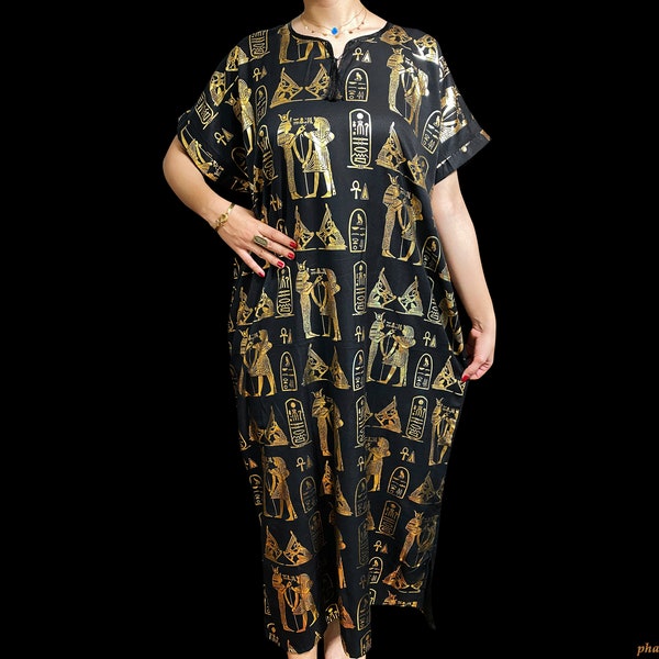 The Black Goddess Sacred Hieroglyphics Dress - Divine Egyptian Kaftan Dress For Egyptian Queens- Boho Dress - All Sizes - Made in Egypt