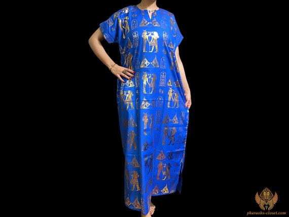 Egyptian Kaftan Dress Decorated With Golden Sacred Hieroglyphic Letters - Egyptian Blue Dress All Sizes Available