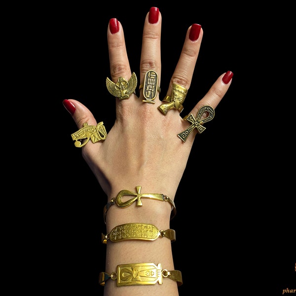 Cleopatras Hand Jewelry Set - 5 Egyptian Rings and 3 Bracelets of Wadjet Horus Eye Ankh Isis Nut Nefertiti Cartouche - Handmade in Egypt