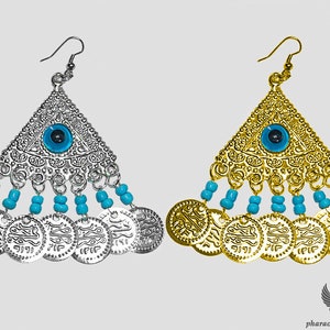 Blue Beaded Pyramid Earrings With Protective Evil Eye Amulet - Unique Ancient Egyptian Jewelry For Goddesses and Queens - Handmade in Egypt
