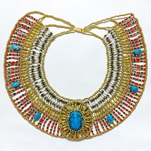 Unique Egyptian Beaded Collar Necklace With Sacred Scarabs In Various Colors Handmade In Egypt White