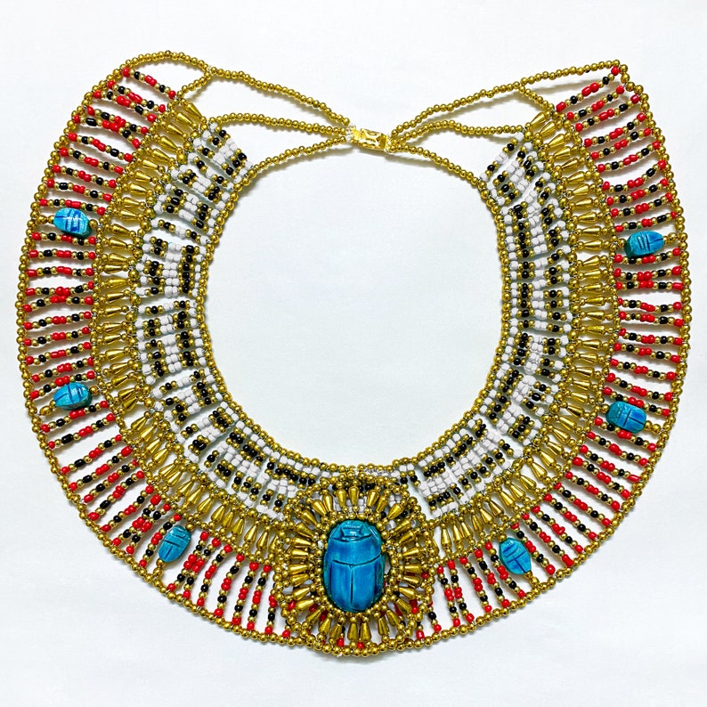 Unique Egyptian Beaded Collar Necklace With Sacred Scarabs In Various Colors Handmade In Egypt White