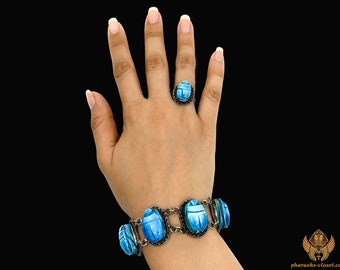 The Blue Scarab of Luck Bracelet and Ring Set - Unique Egyptian Jewelry - The Sacred Scarab of Wealth and Abundance - Handmade In Egypt