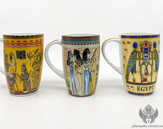 Set of 3 Ceramic Egyptian Mugs of God Horus and Egyptian Lover and